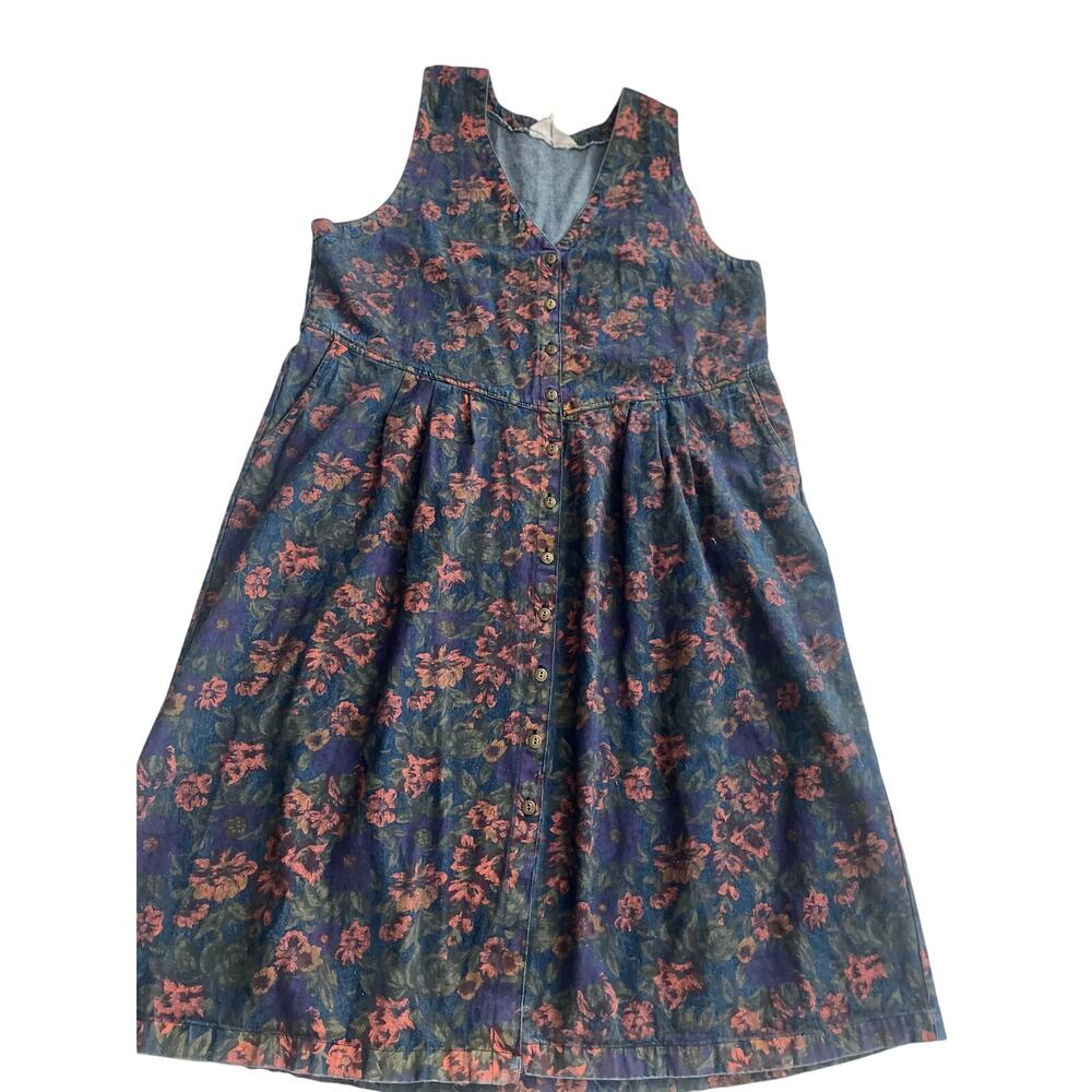 Vintage Truly Yours Floral Cotton Jumper Dress Women’s M 90s Button Front Pocket